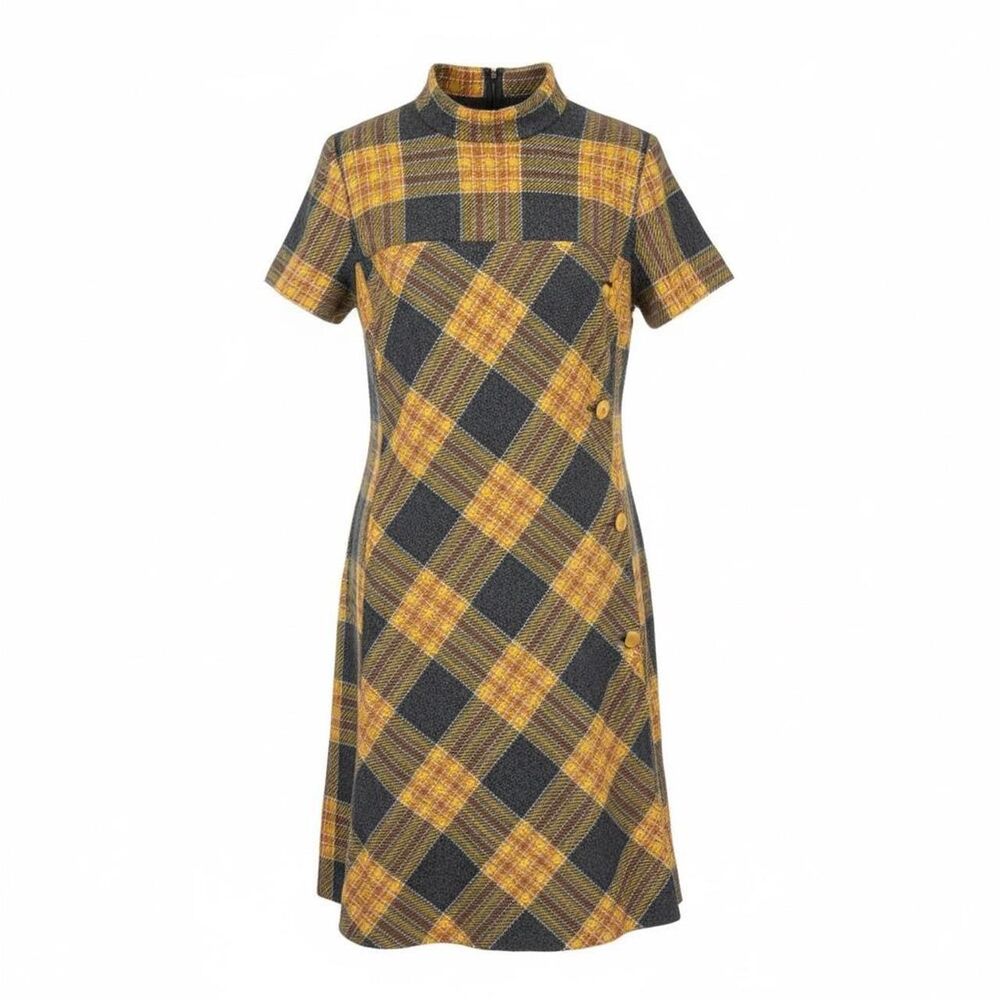 Vintage 70s handmade Orange grey plaid A line shift dress size M/L